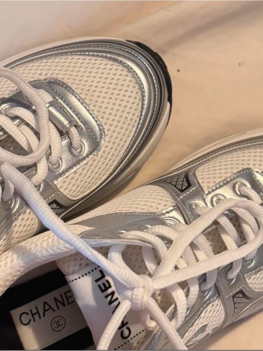 CHANEL Silver and White Chunky Logo Sneakers - Picture 4 of 4